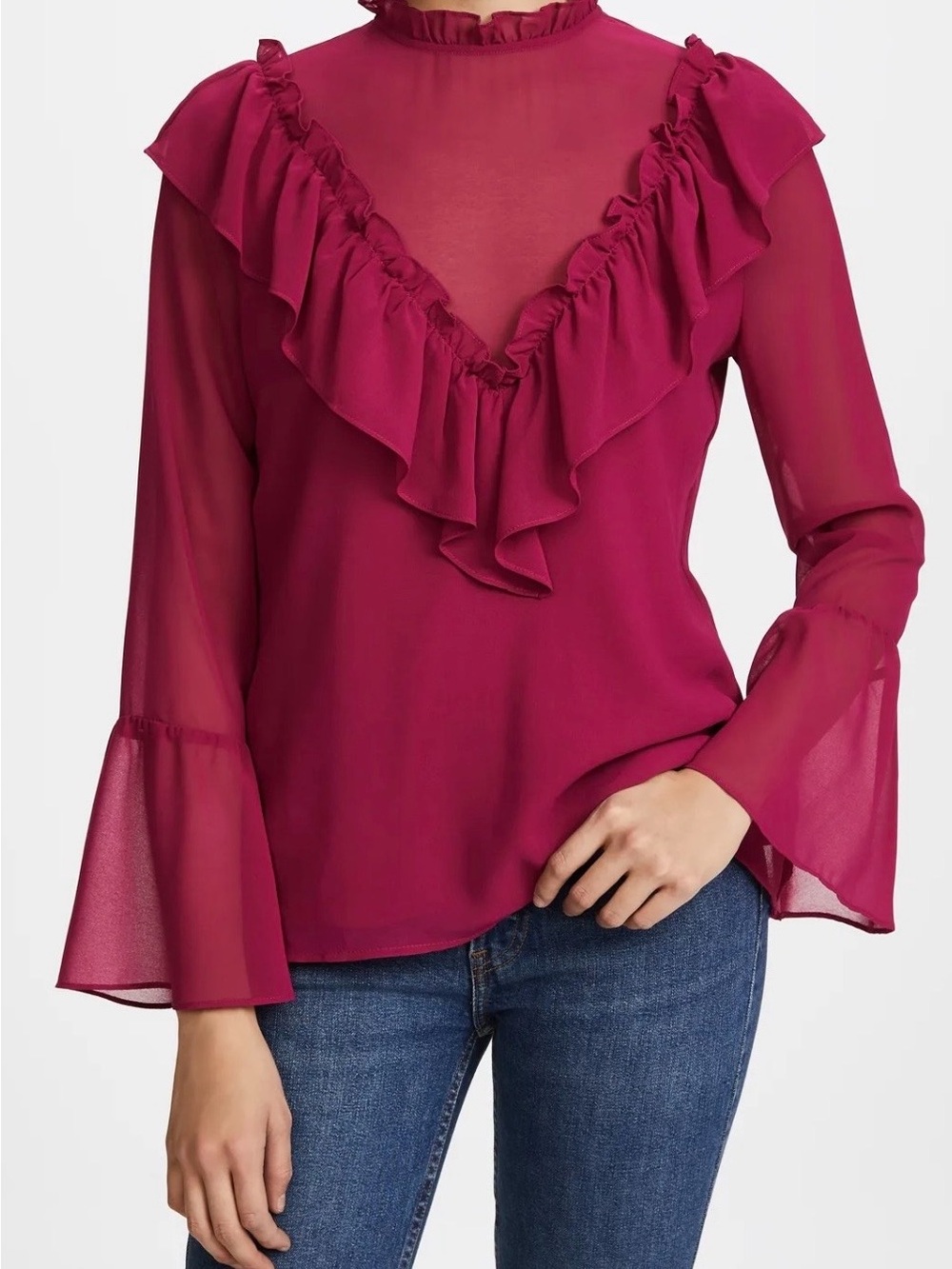 Wayf Magenta Ruffle V-Neck Long Sleeve Blouse